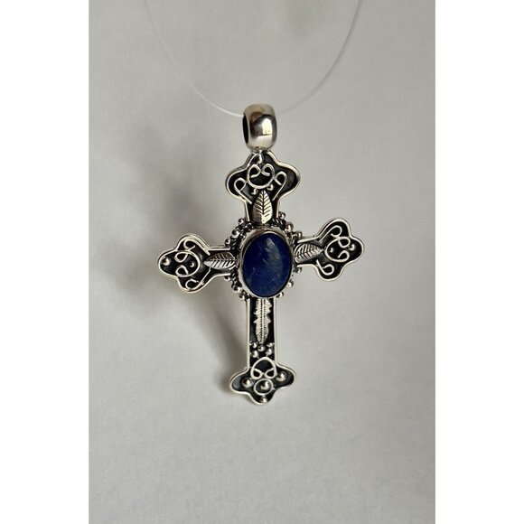 Handcrafted Oval Lapis Lazuli Cut Gemstone Cross 925 Sterling Silver - Picture 4 of 16